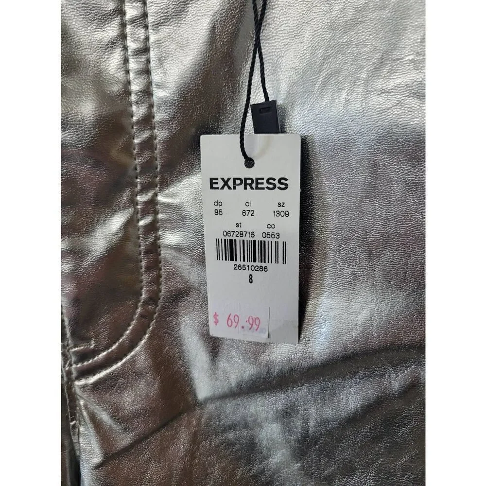 NWT Express High Waisted Silver Feaux Leather Straight Leg Pants, Women's 8